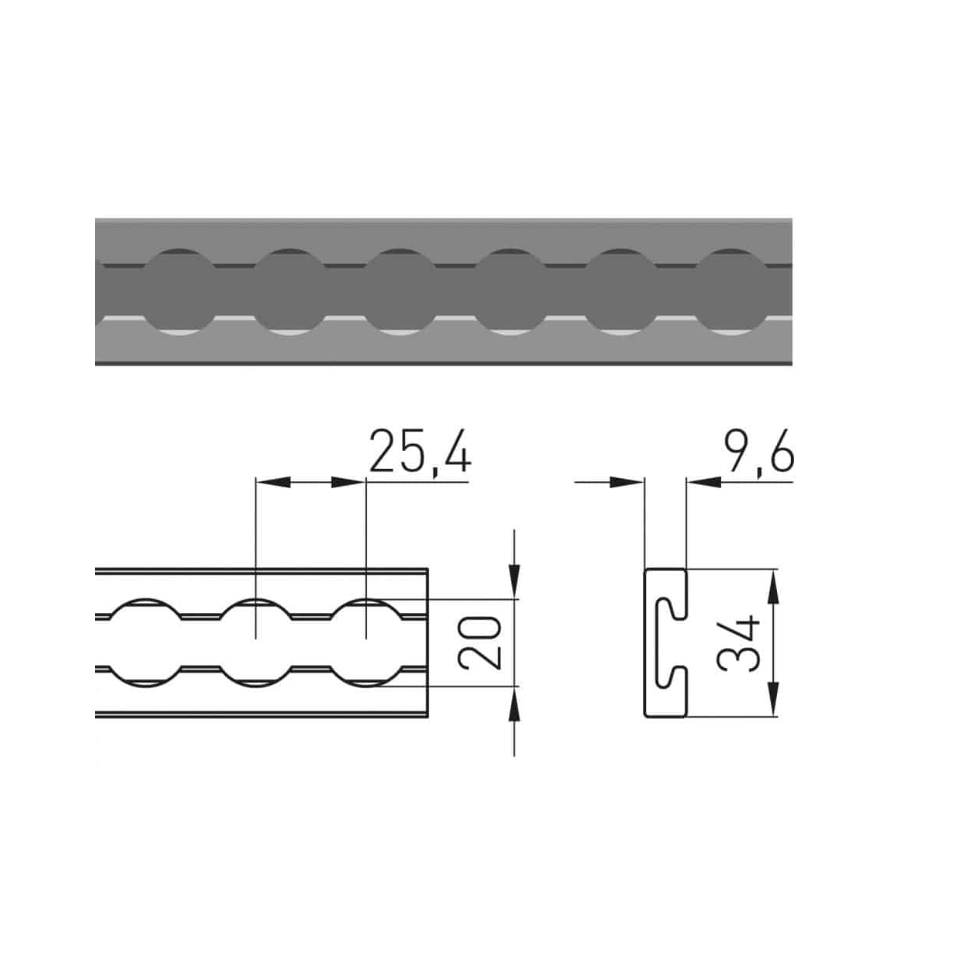 Technische tekening vliegtuigrail VR-5002, 34 mm breed en 9,6 mm hoog, steekmaat 25,4 mm