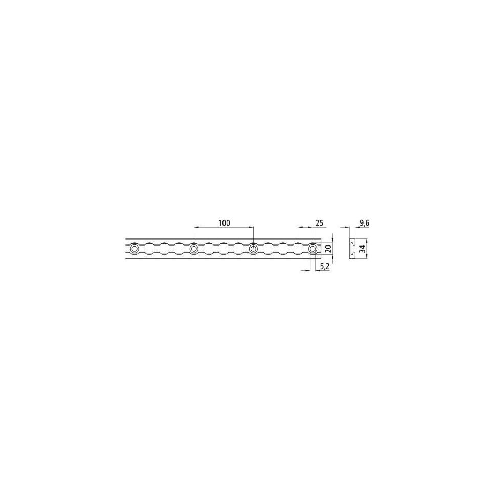 Technische tekening zwarte vliegtuigrail VR-5002B.9, 34 x 9,6 mm met boorgaten