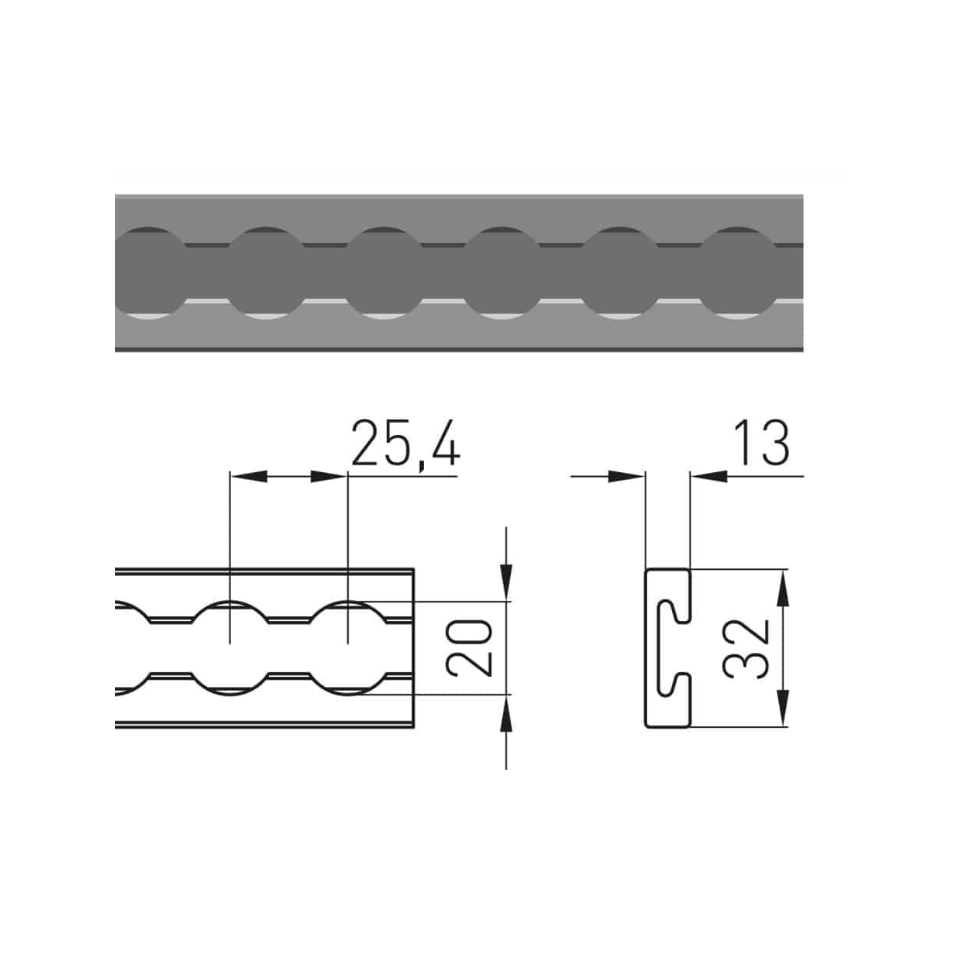 Technische tekening Heavy Duty vliegtuigrail VR-5002HD, 32 x 13 mm