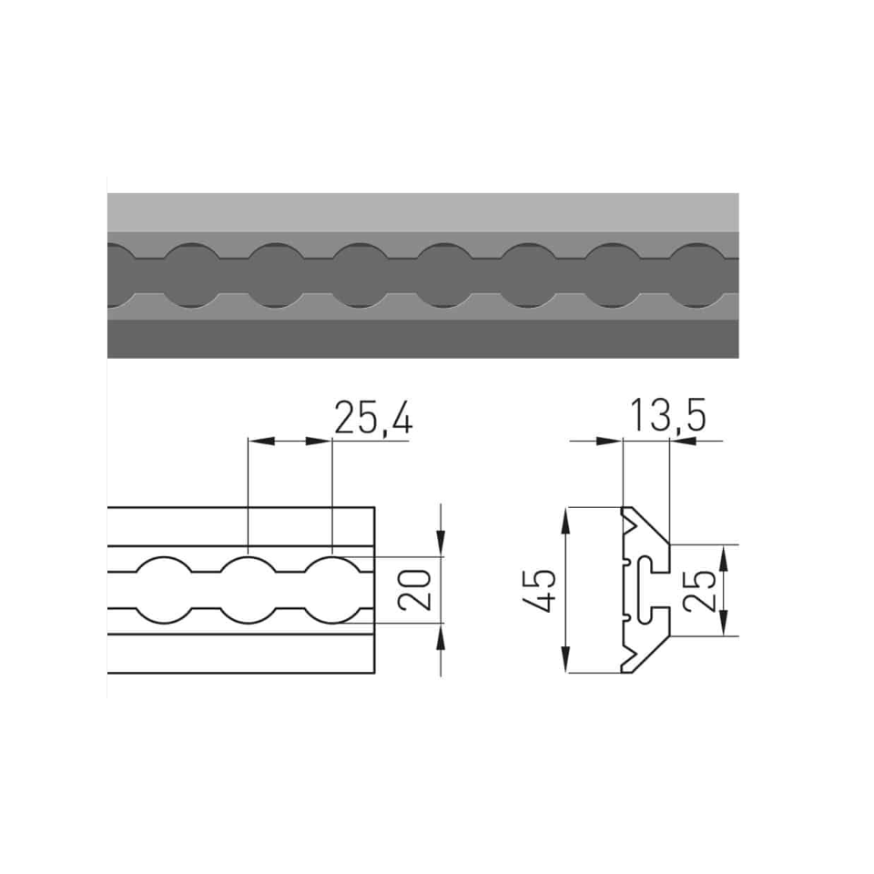 Technische tekening Heavy Duty vliegtuigrail VR-5003HD, 45,2 x 13,5 mm