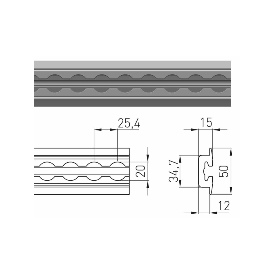 Technische tekening vliegtuigrail VR-5004 met profielmaat 50 x 15 mm