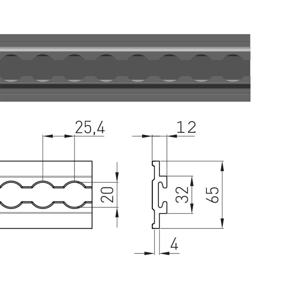 Technische tekening vliegtuigrail VR-5008 met onderflensrand, 65 x 12 mm