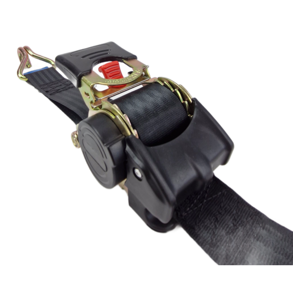 Detail van het oprolmechanisme en de zwarte 50 mm band van de zelfoprollende spanband.