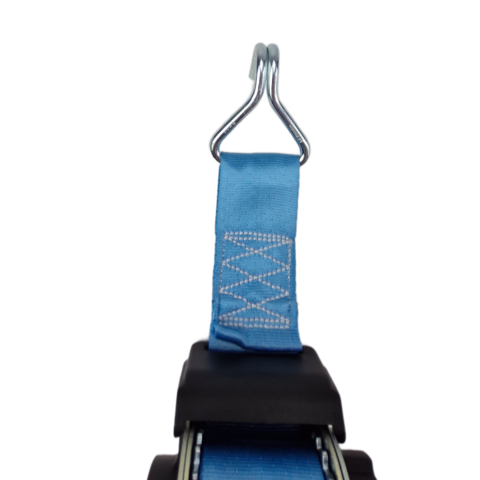 Detail van spitshaak en gestikte blauwe spanband
