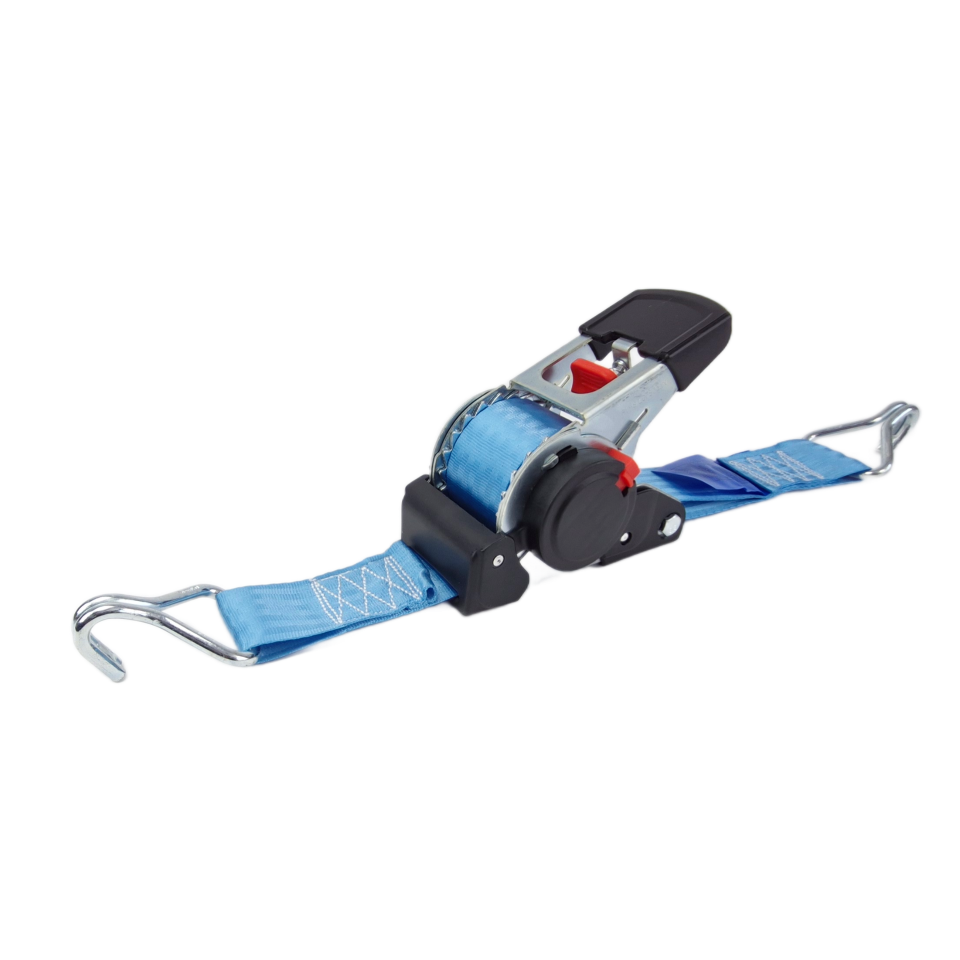 Blauwe zelfoprollende spanband 50 mm met spitshaken