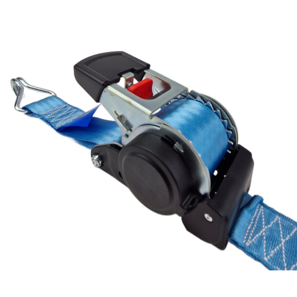 Detail van het zelfoprollende ratelmechanisme met blauwe spanband